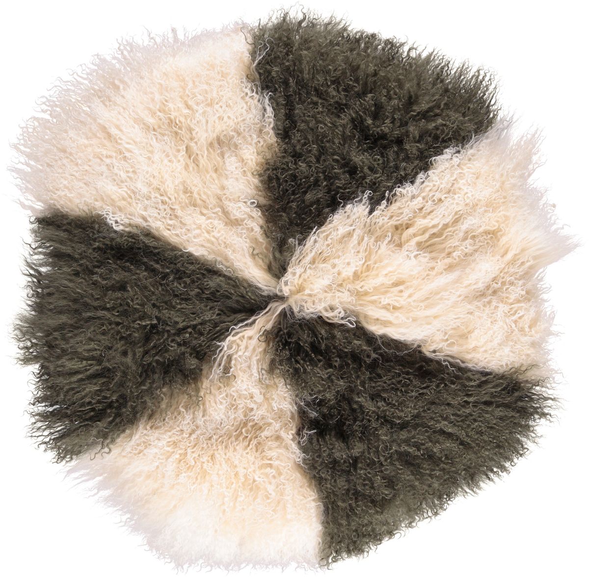 Saueskinnpute | Krøllet | Tibet | Ø45 cm, Ø62 cm & Ø38 cm Gyllenhvit / Mørkegrønn