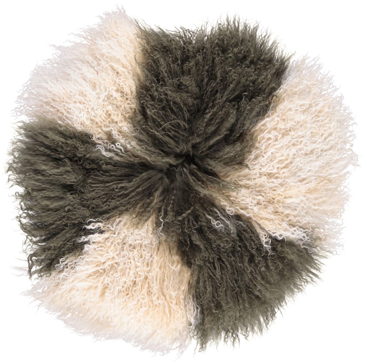 Saueskinnpute | Krøllet | Tibet | Ø45 cm, Ø62 cm & Ø38 cm Gyllenhvit / Mørkegrønn