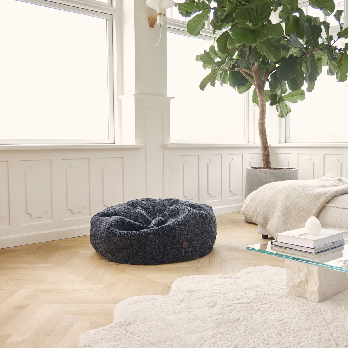 Rund sakosekk | Korthåret | New Zealand | 73x74 cm & 92x93 cm Koksgrå